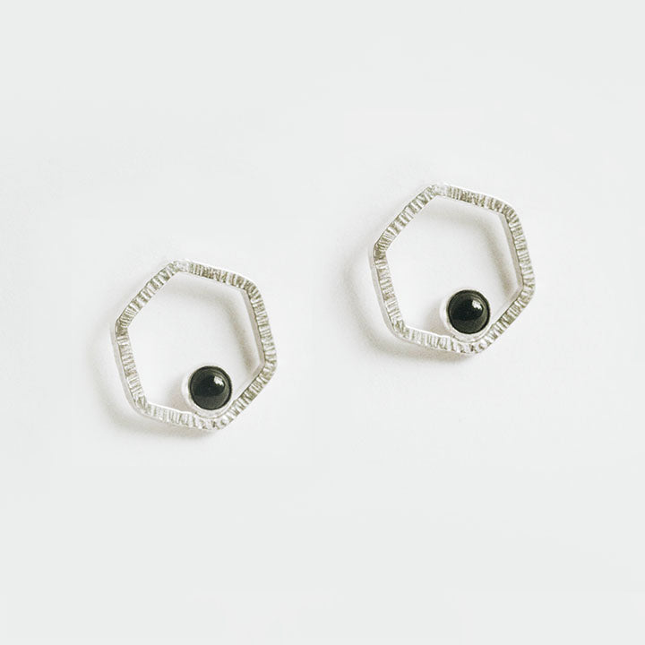 Grit Small Hexagon Earrings with Onyx